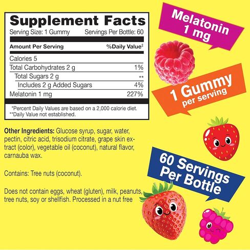 Kids Melatonin Gummies 1 mg - Drug-Free Sleep Aid Gummy Supplement, Sleep Support for Kids - Gluten Free, Gelatin Free, Non GMO, Vegetarian - Natural Sourced Flavor - 60 Gummies in Kuwait
