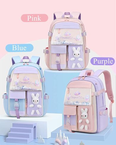 EKUIZAI Colorful Cute Backpack for Girls secondary Schoolbag Sweet and Kawaii Kid's Backpack with Rabbit dolls in Kuwait