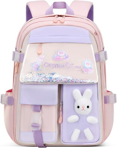 EKUIZAI Colorful Cute Backpack for Girls secondary Schoolbag Sweet and Kawaii Kid's Backpack with Rabbit dolls in Kuwait