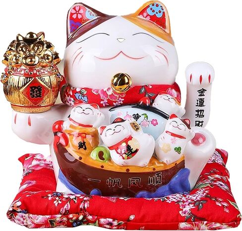 TONGMAN 7" White Ceramic Maneki Neko Lucky Cat (Japanese Lucky Cat) Waving Lucky Cat,Ornately Decorated Porcelain Best Gift for Business Opening in Saudi Arabia