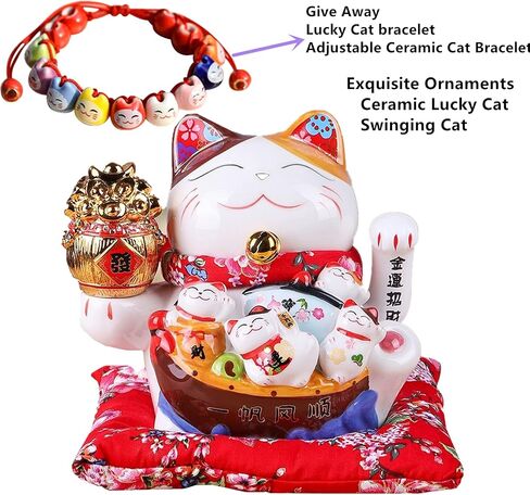 TONGMAN 7" White Ceramic Maneki Neko Lucky Cat (Japanese Lucky Cat) Waving Lucky Cat,Ornately Decorated Porcelain Best Gift for Business Opening in Saudi Arabia