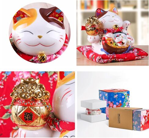 TONGMAN 7" White Ceramic Maneki Neko Lucky Cat (Japanese Lucky Cat) Waving Lucky Cat,Ornately Decorated Porcelain Best Gift for Business Opening in Saudi Arabia