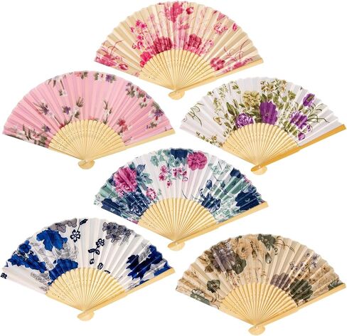 HGRTYXS 6 Pcs Hand Fan Foldable,Silk Fabric Chinese Fan,Bamboo Frames Fan Handheld Folding,Floral Clack Fan,Handheld Fans for Women,Cosplay,Dance,Wedding,Home Decoration,Daily Use. in Kuwait
