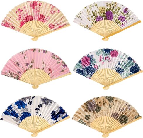 HGRTYXS 6 Pcs Hand Fan Foldable,Silk Fabric Chinese Fan,Bamboo Frames Fan Handheld Folding,Floral Clack Fan,Handheld Fans for Women,Cosplay,Dance,Wedding,Home Decoration,Daily Use. in Kuwait