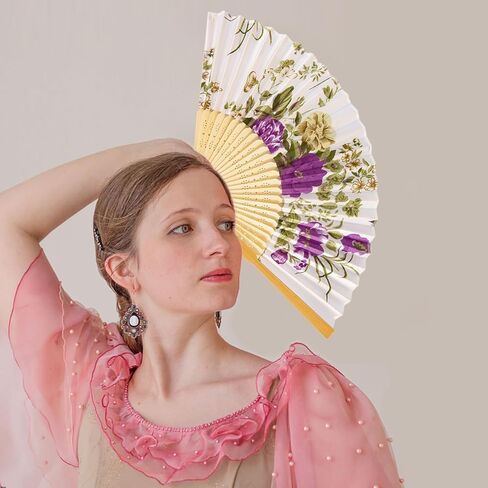 HGRTYXS 6 Pcs Hand Fan Foldable,Silk Fabric Chinese Fan,Bamboo Frames Fan Handheld Folding,Floral Clack Fan,Handheld Fans for Women,Cosplay,Dance,Wedding,Home Decoration,Daily Use. in Kuwait