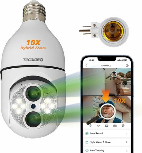 كاميرا أمان TECDIGBO 10X Hybrid Zoom Light Bulb Security، كاميرا أمان بمقبس إضاءة 2 ميجابكسل في الهواء الطلق داخلي، كاميرات أمان منزلية لاسلكية WiFi، رؤية ليلية كاملة الألوان، حوار ثنائي الاتجاه، تتبع الحركة in Kuwait