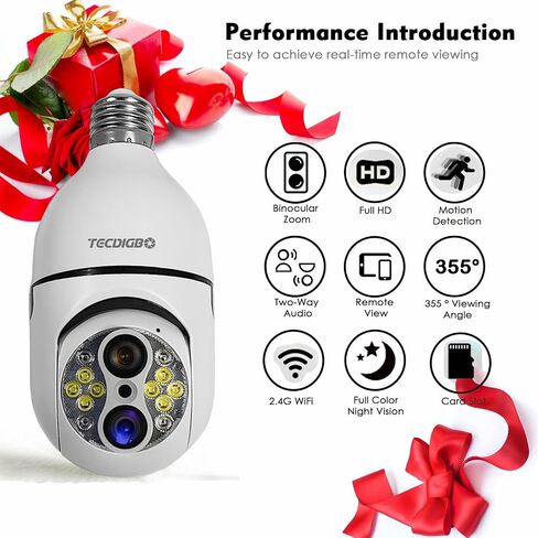 كاميرا أمان TECDIGBO 10X Hybrid Zoom Light Bulb Security، كاميرا أمان بمقبس إضاءة 2 ميجابكسل في الهواء الطلق داخلي، كاميرات أمان منزلية لاسلكية WiFi، رؤية ليلية كاملة الألوان، حوار ثنائي الاتجاه، تتبع الحركة in Kuwait