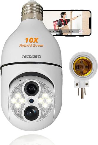 كاميرا أمان TECDIGBO 10X Hybrid Zoom Light Bulb Security، كاميرا أمان بمقبس إضاءة 2 ميجابكسل في الهواء الطلق داخلي، كاميرات أمان منزلية لاسلكية WiFi، رؤية ليلية كاملة الألوان، حوار ثنائي الاتجاه، تتبع الحركة in Kuwait