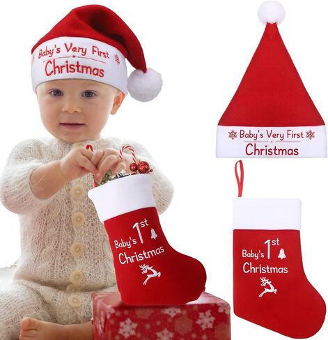 Baby Christmas Stocking and Hat Set, Infant Santa Hats Baby Christmas Stocking Infant Christmas Hat Xmas Classic Stocking Holiday Home Decor Accessory for Baby Christmas Supplies in Saudi Arabia