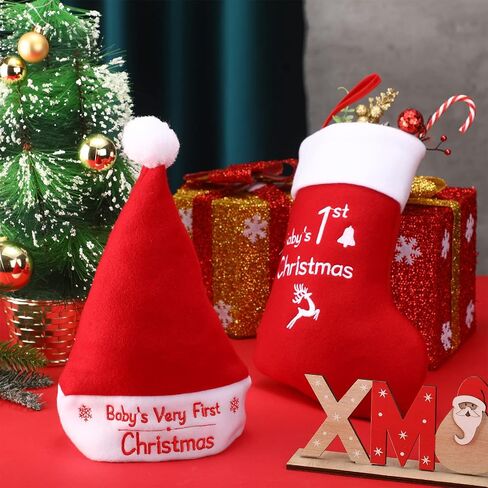 Baby Christmas Stocking and Hat Set, Infant Santa Hats Baby Christmas Stocking Infant Christmas Hat Xmas Classic Stocking Holiday Home Decor Accessory for Baby Christmas Supplies in Saudi Arabia