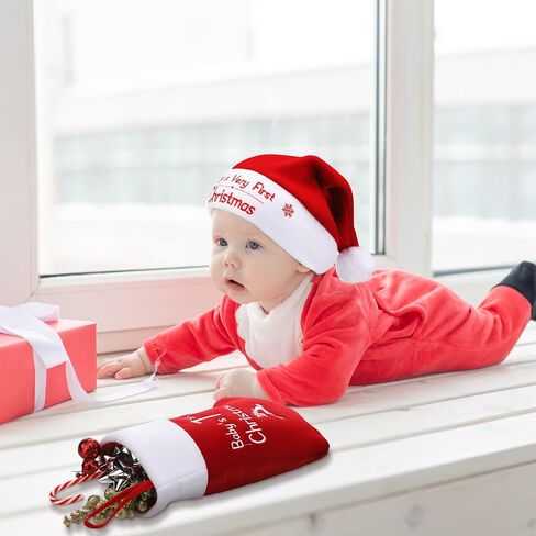 Baby Christmas Stocking and Hat Set, Infant Santa Hats Baby Christmas Stocking Infant Christmas Hat Xmas Classic Stocking Holiday Home Decor Accessory for Baby Christmas Supplies in Saudi Arabia