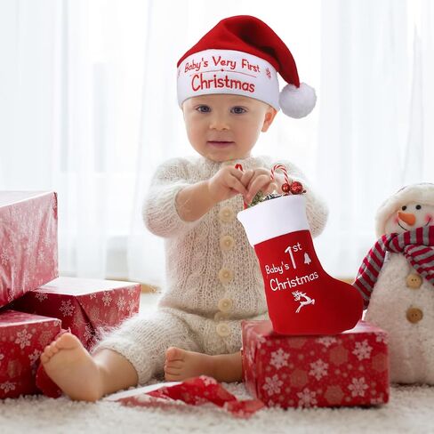 Baby Christmas Stocking and Hat Set, Infant Santa Hats Baby Christmas Stocking Infant Christmas Hat Xmas Classic Stocking Holiday Home Decor Accessory for Baby Christmas Supplies in Saudi Arabia