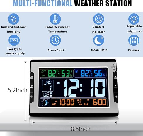 ساعة لوماندا الذرية، ساعة حائط رقمية بإضاءة خلفية قابلة للتعديل 8.5 بوصة مع رطوبة درجة حرارة داخلية وخارجية، شاشة كبيرة تعمل بالبطارية والتيار المستمر مع ساعة منبه غفوة مرحلة القمر التقويمية in Kuwait