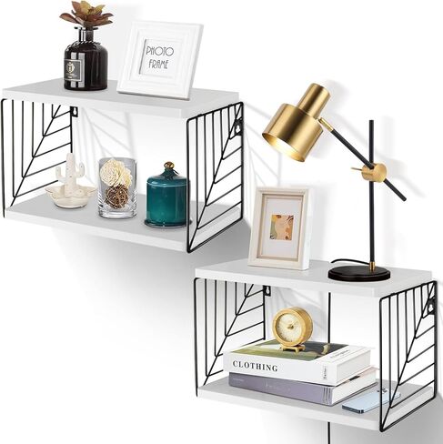 منضدة عائمة، رف خشبي بجانب السرير مثبت على الحائط، مجموعة مكونة من 2، طاولة بجانب السرير على الطراز الحديث، طاولة نهاية عائمة، أرفف عائمة من طبقتين لغرفة النوم وغرفة المعيشة والحمام والمكتب (أبيض) in Kuwait