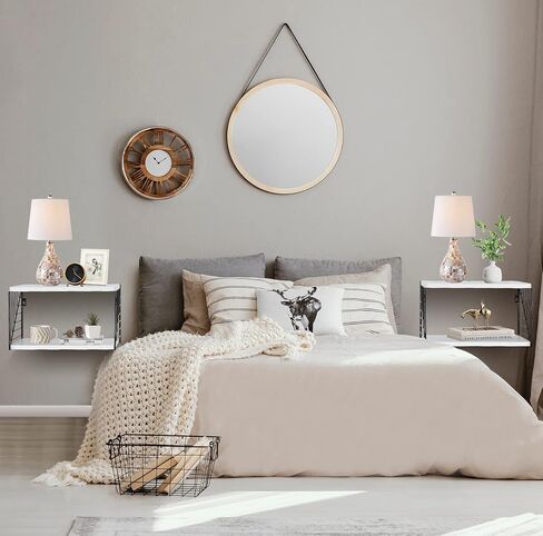 منضدة عائمة، رف خشبي بجانب السرير مثبت على الحائط، مجموعة مكونة من 2، طاولة بجانب السرير على الطراز الحديث، طاولة نهاية عائمة، أرفف عائمة من طبقتين لغرفة النوم وغرفة المعيشة والحمام والمكتب (أبيض) in Kuwait