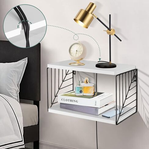 منضدة عائمة، رف خشبي بجانب السرير مثبت على الحائط، مجموعة مكونة من 2، طاولة بجانب السرير على الطراز الحديث، طاولة نهاية عائمة، أرفف عائمة من طبقتين لغرفة النوم وغرفة المعيشة والحمام والمكتب (أبيض) in Kuwait