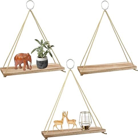 POZEAN Hanging Shelves 3 Pack Wooden Floating Wall Shelves, Hanging Plant Shelf, Boho Wall Decor Shelves for Bedroom, Plants, Living Room, Office (Included 6 Ropes 3 Rings 3 Hooks and Anchors) in Kuwait