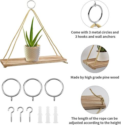 POZEAN Hanging Shelves 3 Pack Wooden Floating Wall Shelves, Hanging Plant Shelf, Boho Wall Decor Shelves for Bedroom, Plants, Living Room, Office (Included 6 Ropes 3 Rings 3 Hooks and Anchors) in Kuwait