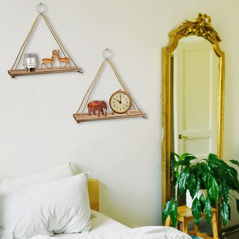POZEAN Hanging Shelves 3 Pack Wooden Floating Wall Shelves, Hanging Plant Shelf, Boho Wall Decor Shelves for Bedroom, Plants, Living Room, Office (Included 6 Ropes 3 Rings 3 Hooks and Anchors) in Kuwait