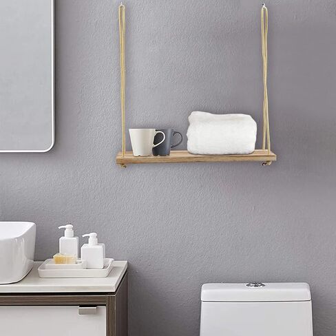 POZEAN Hanging Shelves 3 Pack Wooden Floating Wall Shelves, Hanging Plant Shelf, Boho Wall Decor Shelves for Bedroom, Plants, Living Room, Office (Included 6 Ropes 3 Rings 3 Hooks and Anchors) in Kuwait