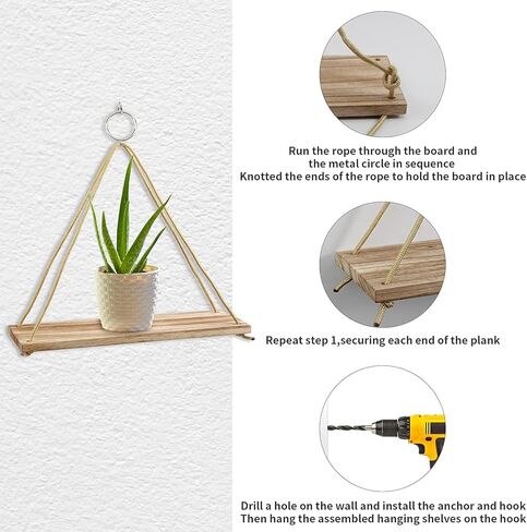 POZEAN Hanging Shelves 3 Pack Wooden Floating Wall Shelves, Hanging Plant Shelf, Boho Wall Decor Shelves for Bedroom, Plants, Living Room, Office (Included 6 Ropes 3 Rings 3 Hooks and Anchors) in Kuwait