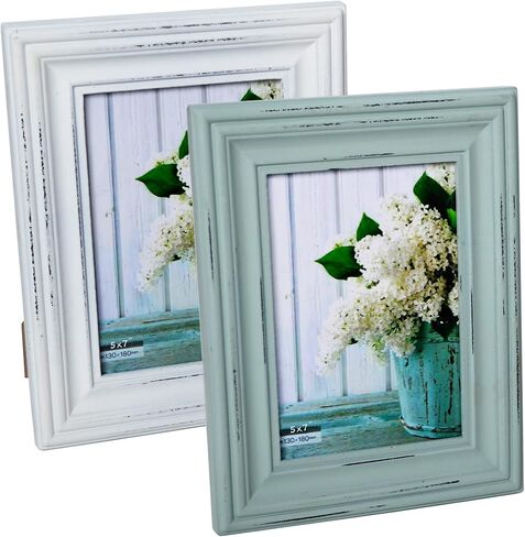 Buecasa Rustic 3.5x5 بوصة إطار صورة خشبي حزمة من 2 سماوي وأبيض عتيق في صندوق هدايا - إطار صور زجاجي عالي الوضوح من الخشب المتعثر خارج 6.1x7.7 بوصة - اتجاهان للعرض على سطح الطاولة أو in Kuwait