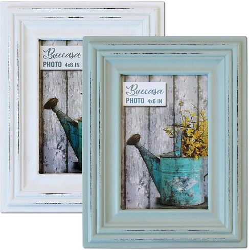 Buecasa Rustic 3.5x5 بوصة إطار صورة خشبي حزمة من 2 سماوي وأبيض عتيق في صندوق هدايا - إطار صور زجاجي عالي الوضوح من الخشب المتعثر خارج 6.1x7.7 بوصة - اتجاهان للعرض على سطح الطاولة أو in Kuwait
