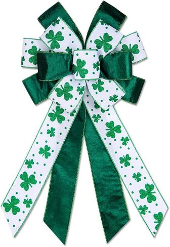 Saint Patrick Wreath Bows, St Patricks White Green Glitter Clover Ribbon Bows for Wreaths - Large Decor Bows for Saint Patrick's Day Home Garden Indoor Outdoor Decoration Wreath Ornament Supplies in Kuwait