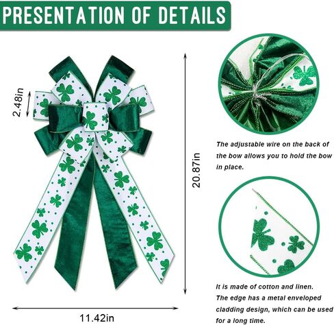Saint Patrick Wreath Bows, St Patricks White Green Glitter Clover Ribbon Bows for Wreaths - Large Decor Bows for Saint Patrick's Day Home Garden Indoor Outdoor Decoration Wreath Ornament Supplies in Kuwait