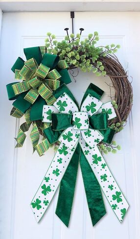 Saint Patrick Wreath Bows, St Patricks White Green Glitter Clover Ribbon Bows for Wreaths - Large Decor Bows for Saint Patrick's Day Home Garden Indoor Outdoor Decoration Wreath Ornament Supplies in Kuwait