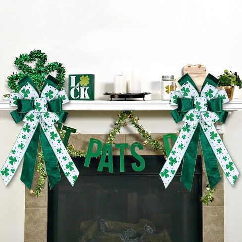 Saint Patrick Wreath Bows, St Patricks White Green Glitter Clover Ribbon Bows for Wreaths - Large Decor Bows for Saint Patrick's Day Home Garden Indoor Outdoor Decoration Wreath Ornament Supplies in Kuwait