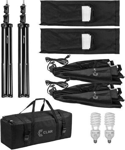 CLAR 2-Light SoftBox Kit, Fluorescent Lamps 5500K Bulbs, Stands & Carrying Case - Continuous Cool Lights in Kuwait