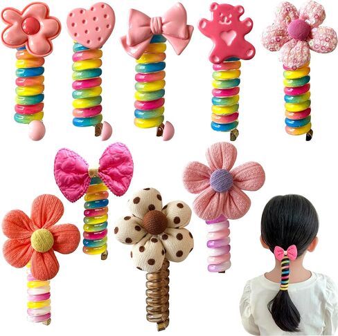 9 قطعة سلك الهاتف الملونة العصابات الشعر Bowknot مضفر زهرة سلك الهاتف العلاقات الشعر ذيل حصان حامل سلك الهاتف العلاقات الشعر دوامة للأطفال in Kuwait