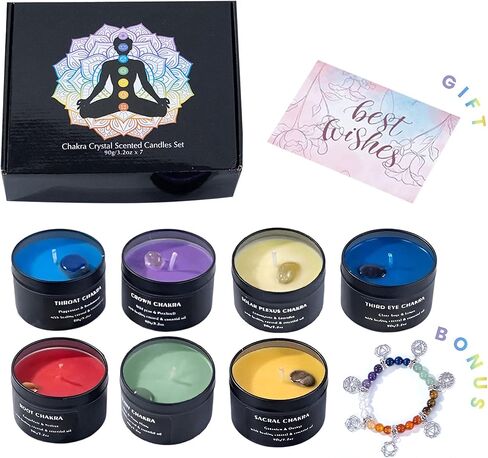 Candle Sets for Women Gift (Set of 7) with Healing Crystals and Bracelet, Chakra Candles, Yoga, Relaxation, Manifesting, Aromatherapy, 140 Hours Total Burn time, 100% Soy Wax + Essential Oil in Saudi Arabia