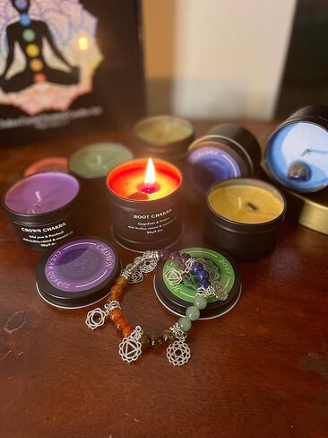 Candle Sets for Women Gift (Set of 7) with Healing Crystals and Bracelet, Chakra Candles, Yoga, Relaxation, Manifesting, Aromatherapy, 140 Hours Total Burn time, 100% Soy Wax + Essential Oil in Saudi Arabia