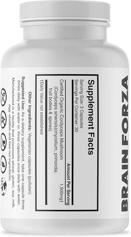 كبسولات كورديسيبس العضوية من برين فورزا، فطر كورديسيبس سينينسيس لدعم الطاقة والقدرة على التحمل والاداء الرياضي، غير معدلة وراثيا، نباتي، عضوي، 90 كبسولة in Kuwait