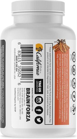 كبسولات كورديسيبس العضوية من برين فورزا، فطر كورديسيبس سينينسيس لدعم الطاقة والقدرة على التحمل والاداء الرياضي، غير معدلة وراثيا، نباتي، عضوي، 90 كبسولة in Kuwait