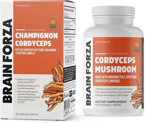 كبسولات كورديسيبس العضوية من برين فورزا، فطر كورديسيبس سينينسيس لدعم الطاقة والقدرة على التحمل والاداء الرياضي، غير معدلة وراثيا، نباتي، عضوي، 90 كبسولة in Kuwait