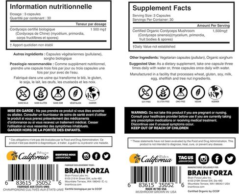 كبسولات كورديسيبس العضوية من برين فورزا، فطر كورديسيبس سينينسيس لدعم الطاقة والقدرة على التحمل والاداء الرياضي، غير معدلة وراثيا، نباتي، عضوي، 90 كبسولة in Kuwait