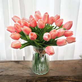 Artificial Flowers 30pcs Bouquet 14" Tall Real Touch Tulips, Light Yellow PU Fake Tulips Flowers for Arrangement Wedding Party or Easter Spring Home Centerpiece Dining Room Office Table Decoration. in Saudi Arabia