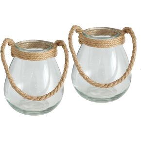 WHW Whole House Worlds Beach Chic Nautical Rope Wrapped Hurricanes, Set of 3, Sky and Turquoise Ombre Translucent Glass Candle Holders, 6 H Inches