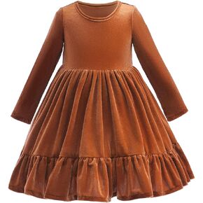 Girls Long Sleeve Dress Velvet Crew Neck Midi Fall Vintage Fall Winter Christmas Outfit Dress for Kids