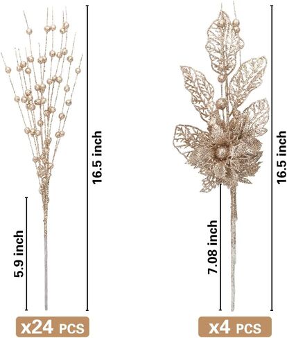 ROSELEAF 28 Pack Black Christmas Tree Ornaments, Artificial Glitter Berry and Flowers Stem Branches Picks for Halloween Xmas Tree Decoration Gift Small Vase Home Holiday Wedding Party Decor in Saudi Arabia