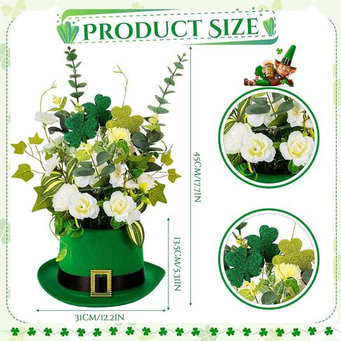 Hotop St. Patrick's Day Hat Flower Pot Set Irish Leprechaun Green High Top Hat Buckle Flower Arrangement Container Simulated Bouquet with Shamrock St. Patrick's Day Holiday Supplies in Saudi Arabia