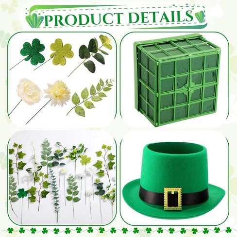 Hotop St. Patrick's Day Hat Flower Pot Set Irish Leprechaun Green High Top Hat Buckle Flower Arrangement Container Simulated Bouquet with Shamrock St. Patrick's Day Holiday Supplies in Saudi Arabia