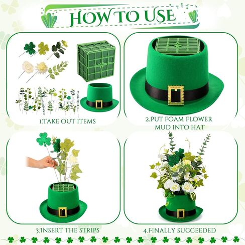 Hotop St. Patrick's Day Hat Flower Pot Set Irish Leprechaun Green High Top Hat Buckle Flower Arrangement Container Simulated Bouquet with Shamrock St. Patrick's Day Holiday Supplies in Saudi Arabia