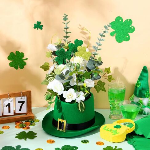 Hotop St. Patrick's Day Hat Flower Pot Set Irish Leprechaun Green High Top Hat Buckle Flower Arrangement Container Simulated Bouquet with Shamrock St. Patrick's Day Holiday Supplies in Saudi Arabia