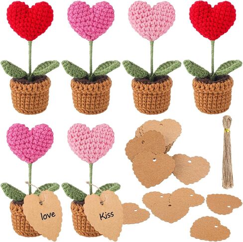 Hotop 6 Pcs Valentine's Day Crochet Handmade Heart and Heart Gift Tags Set, 6 Artificial Handmade Mini Potted Crochet Heart Shaped Knitting Plants 50 Paper Tags with Strings for Wedding Table Shelf in Saudi Arabia