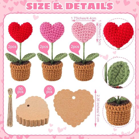 Hotop 6 Pcs Valentine's Day Crochet Handmade Heart and Heart Gift Tags Set, 6 Artificial Handmade Mini Potted Crochet Heart Shaped Knitting Plants 50 Paper Tags with Strings for Wedding Table Shelf in Saudi Arabia