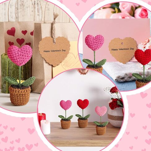 Hotop 6 Pcs Valentine's Day Crochet Handmade Heart and Heart Gift Tags Set, 6 Artificial Handmade Mini Potted Crochet Heart Shaped Knitting Plants 50 Paper Tags with Strings for Wedding Table Shelf in Saudi Arabia